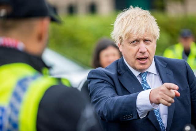 NORTHALLERTON, ENGLAND - JULY 30: Prime Minster, Boris Johnson visits The North Yorkshire police and is introduced to recently graduated Police Officers on July 30, 2020 in Northallerton, North Yorkshire, England. (Photo by Charlotte Graham - WPA Pool/Getty)