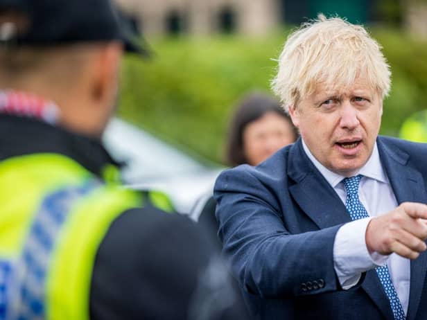 NORTHALLERTON, ENGLAND - JULY 30: Prime Minster, Boris Johnson visits The North Yorkshire police and is introduced to recently graduated Police Officers on July 30, 2020 in Northallerton, North Yorkshire, England. (Photo by Charlotte Graham - WPA Pool/Getty)