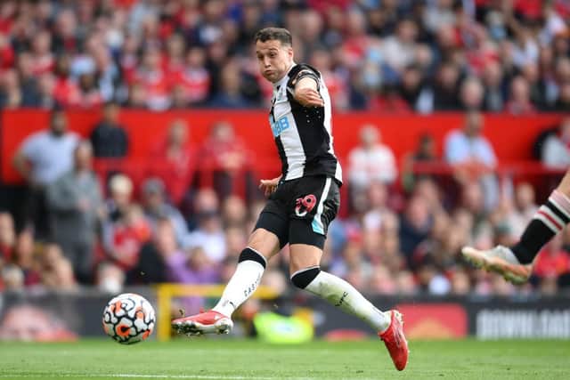 Javi Manquillo scoring Newcastle United's only goal against Manchester United in September (Photo by Laurence Griffiths/Getty Images)