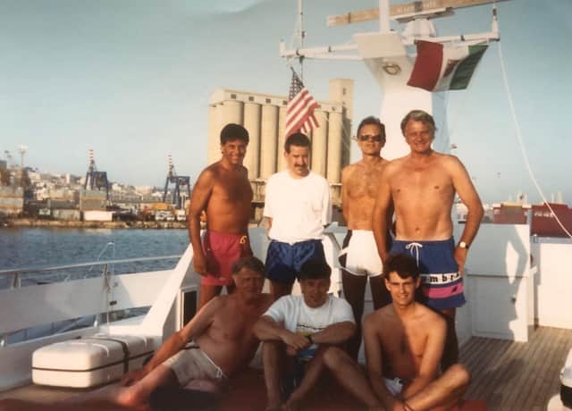 Cagliari Marina, Sardinia – (front) Tom Robson, John Robson, Mark Robson (back) David Dein, Clive Brown, Glen Kirton, Sir Bobby.