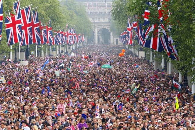 The Mall outside Buckingham Palace after the wedding ceremony of Prince William to Kate. Similar scenes are expected as crowds celebrate the jubilee in 2022.