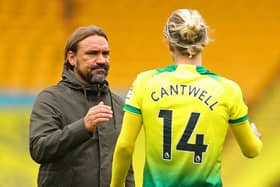 Norwich City's German head coach Daniel Farke (L) commiserates Norwich City's English midfielder Todd Cantwell after the English Premier League football match between Norwich City and Brighton and Hove Albion at Carrow Road in Norwich, eastern England on July 4, 2020. (Photo by RICHARD HEATHCOTE/POOL/AFP via Getty Images)