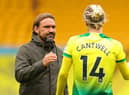 Norwich City's German head coach Daniel Farke (L) commiserates Norwich City's English midfielder Todd Cantwell after the English Premier League football match between Norwich City and Brighton and Hove Albion at Carrow Road in Norwich, eastern England on July 4, 2020. (Photo by RICHARD HEATHCOTE/POOL/AFP via Getty Images)