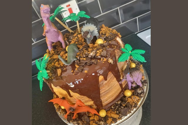 Star baker Stacey took on a dinosaur theme with this action-packed cake - complete with chocolate drip.