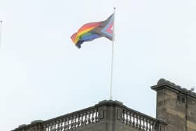 The  Progress Pride Flag flying above South Shields Town Hall.