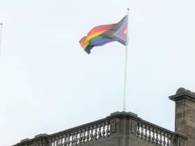 The  Progress Pride Flag flying above South Shields Town Hall.