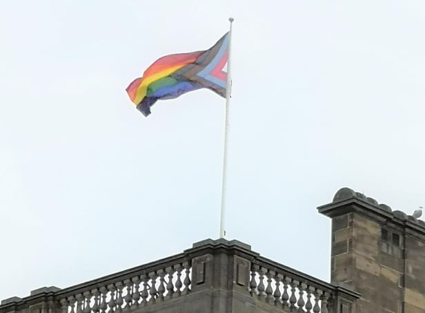 The  Progress Pride Flag flying above South Shields Town Hall.
