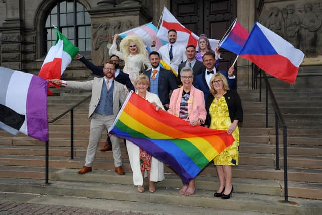 The Mayor of South Tyneside Cllr Pat Hay welcomes Mr Gay Europe finalists to South Shields Town Hall.