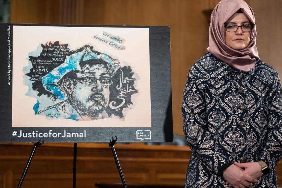 Hatice Cengiz, murdered Washington Post columnist Jamal Khashoggi's fiancee, attends a press conference.
