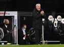 Newcastle United manager Steve Bruce applauds his team on the sideline during the Premier League match between Newcastle United and Wolverhampton Wanderers at St. James Park on February 27, 2021.