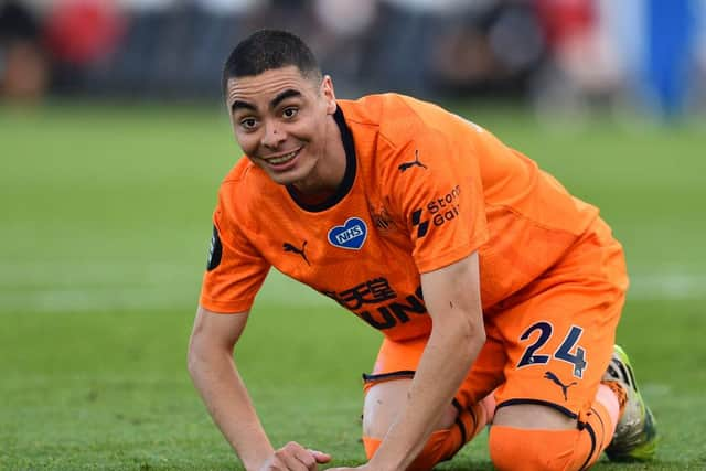 BRIGHTON, ENGLAND - JULY 20: Miguel Almiron of Newcastle United reacts during the Premier League match between Brighton & Hove Albion and Newcastle United at American Express Community Stadium on July 20, 2020 in Brighton, England. Football Stadiums around Europe remain empty due to the Coronavirus Pandemic as Government social distancing laws prohibit fans inside venues resulting in all fixtures being played behind closed doors. (Photo by Glyn Kirk/Pool via Getty Images)