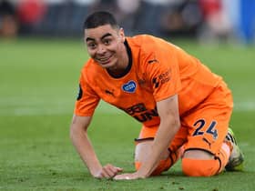 BRIGHTON, ENGLAND - JULY 20: Miguel Almiron of Newcastle United reacts during the Premier League match between Brighton & Hove Albion and Newcastle United at American Express Community Stadium on July 20, 2020 in Brighton, England. Football Stadiums around Europe remain empty due to the Coronavirus Pandemic as Government social distancing laws prohibit fans inside venues resulting in all fixtures being played behind closed doors. (Photo by Glyn Kirk/Pool via Getty Images)