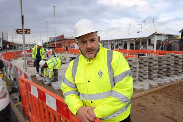 South Tyneside Council Cllr Ernest Gibson at pavement works along Sea Road, South Shields.