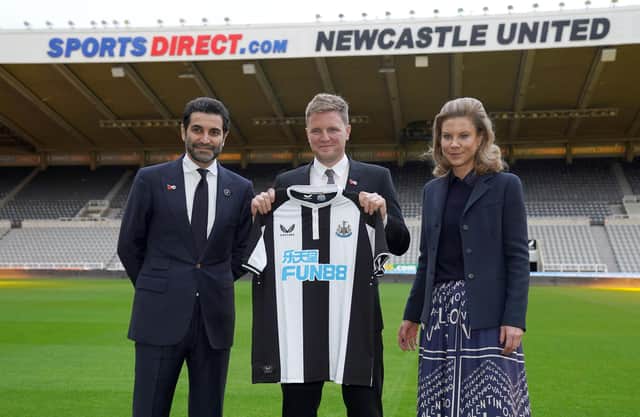 Club director Amanda Staveley and husband Mehrdad Ghodoussi with newly-appointed Newcastle United head coach Eddie Howe.