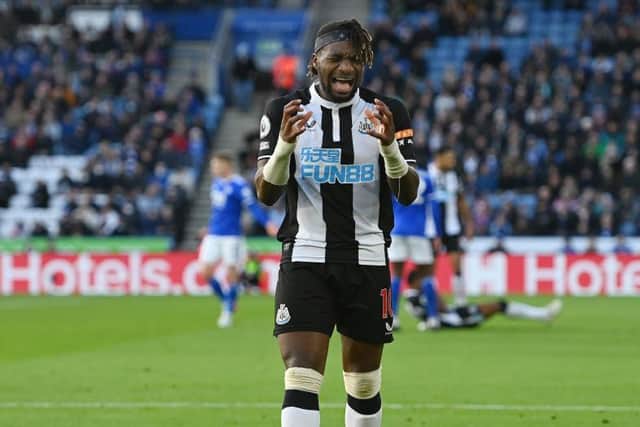 Allan Saint-Maximin of Newcastle United reacts during the Premier League match between Leicester City and Newcastle United at The King Power Stadium on December 12, 2021 in Leicester, England. (Photo by Gareth Copley/Getty Images)