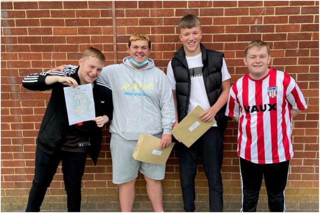 Matthew Rutherford, Billy Moy, Logan Ebanks and Niall Rutherford celebrate their GCSE results at St Wilfrid's R C College.