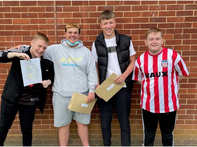 Matthew Rutherford, Billy Moy, Logan Ebanks and Niall Rutherford celebrate their GCSE results at St Wilfrid's R C College.