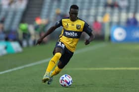 Garang Kuol of the Mariners with the ball during the round one A-League Men's match between Central Coast Mariners and Newcastle Jets at Central Coast Stadium, on December 21, 2022, in Gosford, Australia. (Photo by Scott Gardiner/Getty Images)