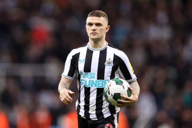 Kieran Trippier of Newcastle United steps up to take a penalty in the penalty shoot out during the Carabao Cup Third Round match between Newcastle United and Crystal Palace at St James' Park on November 09, 2022 in Newcastle upon Tyne, England. (Photo by George Wood/Getty Images)