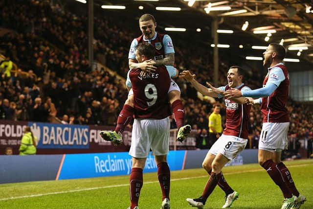 Sam Vokes of Burnley celebrates scoring the equalising goal with Kieran Trippier during the FA Cup Third Round match between Burnley and Tottenham Hotspur at Turf Moor on January 5, 2015 in Burnley, England.  (Photo by Alex Livesey/Getty Images)