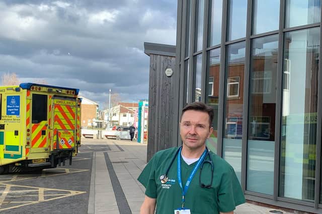 Dr Anatoliy Telpov outside the Emergency Department at South Tyneside Hospital