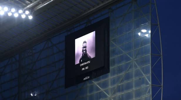 The LED board shows an image of former Premier League player Christian Atsu. (Photo by Stu Forster/Getty Images).