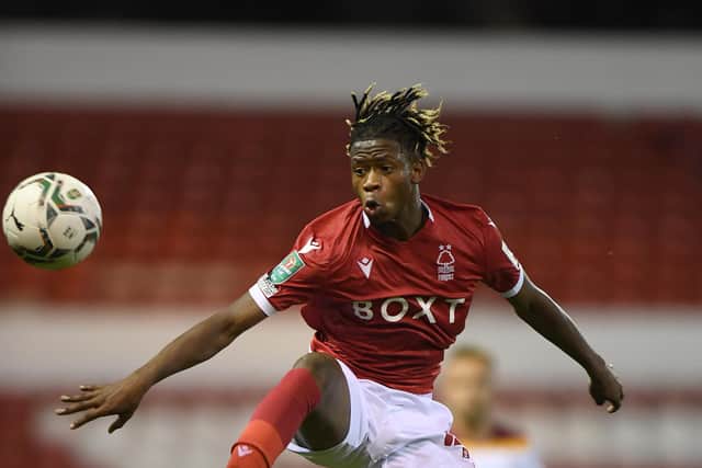 NOTTINGHAM, ENGLAND - AUGUST 11: Ateef Konate of Nottingham Forest during the Carabao Cup First Round match between Nottingham Forest and Bradford City at City Ground on August 11, 2021 in Nottingham, England. (Photo by Tony Marshall/Getty Images)