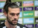 NEWCASTLE UPON TYNE, ENGLAND - JANUARY 03: Andy Carroll of Newcastle United FC (7) speaks to media during the Premier League match between Newcastle United and Leicester City at St. James Park on January 03, 2021 in Newcastle upon Tyne, England. The match will be played without fans, behind closed doors as a Covid-19 precaution. (Photo by Serena Taylor/Newcastle United via Getty Images)