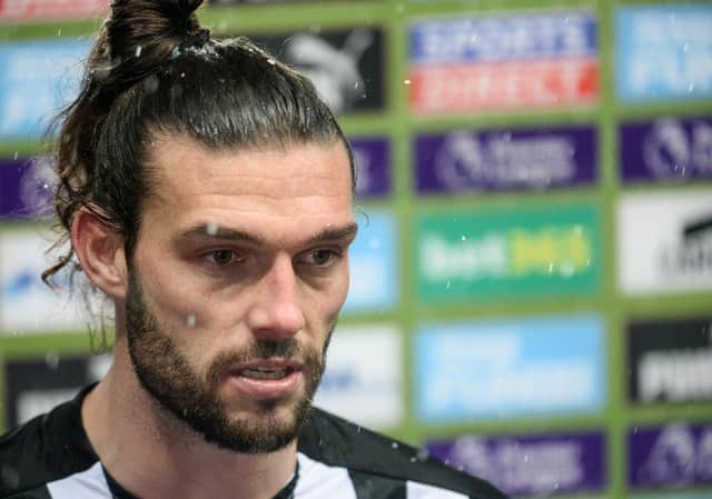 NEWCASTLE UPON TYNE, ENGLAND - JANUARY 03: Andy Carroll of Newcastle United FC (7) speaks to media during the Premier League match between Newcastle United and Leicester City at St. James Park on January 03, 2021 in Newcastle upon Tyne, England. The match will be played without fans, behind closed doors as a Covid-19 precaution. (Photo by Serena Taylor/Newcastle United via Getty Images)