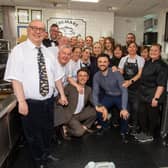 Hillary Clinton along with Colmans Fish and Chip Restaurant owner, Richard Ord (left) and former South Shields' MP David Miliband (right).

Photograph: Judith Graham
