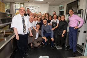 Hillary Clinton along with Colmans Fish and Chip Restaurant owner, Richard Ord (left) and former South Shields' MP David Miliband (right).

Photograph: Judith Graham
