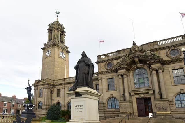 South Shields Town Hall. The Queen Victoria Memorial statue was erected in 1913, before being moved to Chichester. She was later returned to her original site in 1981.