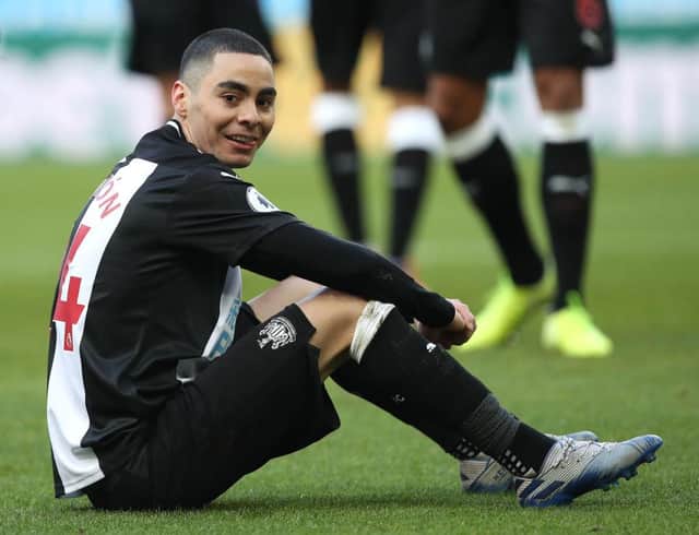 NEWCASTLE UPON TYNE, ENGLAND - FEBRUARY 29: Miguel Almiron of Newcastle United reacts after a missed opportunity during the Premier League match between Newcastle United and Burnley FC at St. James Park on February 29, 2020 in Newcastle upon Tyne, United Kingdom. (Photo by Ian MacNicol/Getty Images)