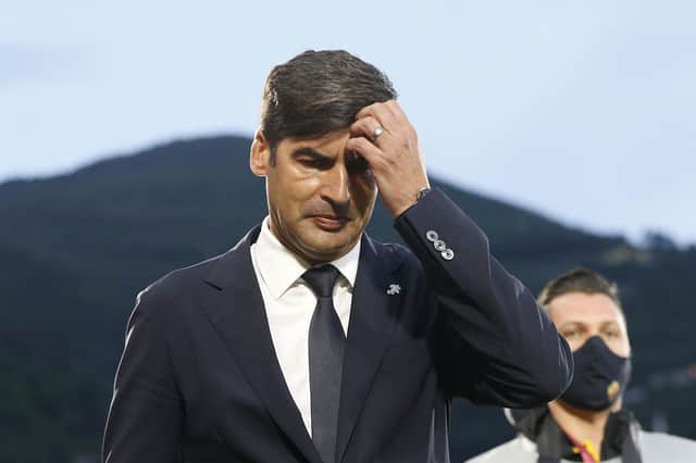 LA SPEZIA, ITALY - MAY 23: Paulo Fonseca manager of AS Roma gestures during the Serie A match between Spezia Calcio and AS Roma at Stadio Alberto Picco on May 23, 2021 in La Spezia, Italy.  (Photo by Gabriele Maltinti/Getty Images)