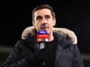 BRENTFORD, ENGLAND - DECEMBER 10: Sky Sports Broadcaster Gary Neville speaks ahead of the Premier League match between Brentford and Watford at Brentford Community Stadium on December 10, 2021 in Brentford, England. (Photo by Alex Pantling/Getty Images)