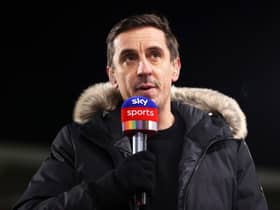 BRENTFORD, ENGLAND - DECEMBER 10: Sky Sports Broadcaster Gary Neville speaks ahead of the Premier League match between Brentford and Watford at Brentford Community Stadium on December 10, 2021 in Brentford, England. (Photo by Alex Pantling/Getty Images)