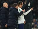 Antonio Conte manager of Tottenham Hotspur speaks with Dele Alli. (Photo by Marc Atkins/Getty Images)