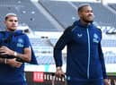 Newcastle players Bruno Guimaraes (l) and Joelinton arrive at St James' Park (Photo by Stu Forster/Getty Images)
