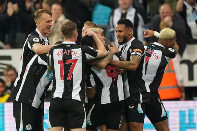 Stand-in captain Callum Wilson is mobbed by his team-mates after forcing Newcastle United's breakthrough.