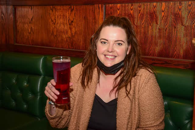 Amy Giles enjoys at drink indoors at the Albion Gin & Ale House, Jarrow, this afternoon. 