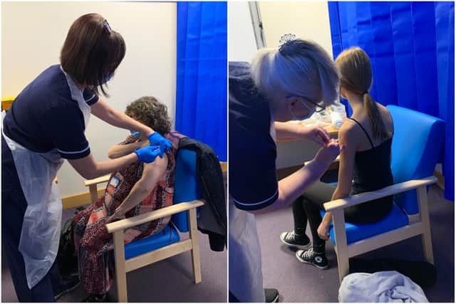 Pam Bainbridge, specialist nurse treats Trudy Marshall, a podiatry foot screener,  while Susan Leonard, a senior nurse in patient safety, gives medical student Molly Whale her jab.