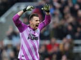Martin Dubravka of Newcastle United celebrates after Kieran Trippier (not pictured) scores their sides third goal during the Premier League match between Newcastle United and Everton at St. James Park on February 08, 2022 in Newcastle upon Tyne, England. (Photo by Alex Livesey/Getty Images)