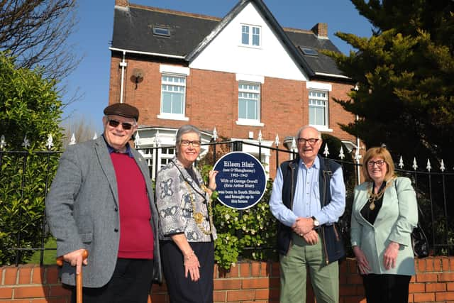 Mayor of South Tyneside Cllr Pat Hay and Mayoress Mrs Jean Copp unveil a Blue Plaque honouring Eileen Blair, at Westgate House, Beach Road, South Shields, with Orwell Society's Quentin Kopp and Richard Blair.