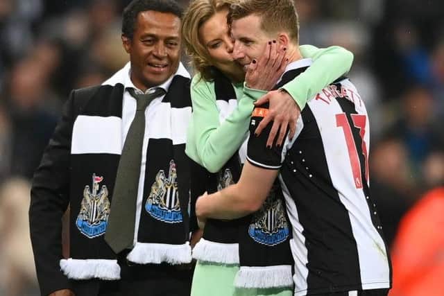 Newcastle United co-owner embraces Matt Targett in May.
