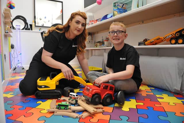 Sinead Clayton and son Jenson pictured in 2019 when she opened the autism room she created at her Stanhope Road salon.