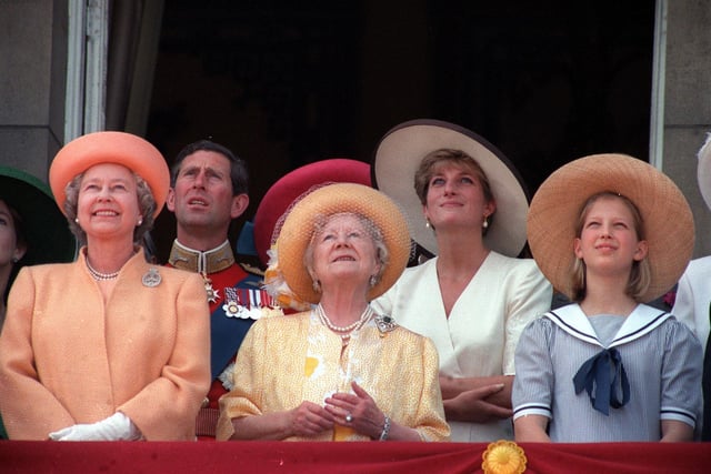 Queen Elizabeth II, the Prince of Wales, the Queen Mother, Diana, Princess of Wales and Lady Gabriella Windsor.  13/06/92