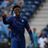 Chelsea's English forward Tammy Abraham laughs during warm ups ahead of the UEFA Champions League final football match between Manchester City and Chelsea at the Dragao stadium in Porto on May 29, 2021.