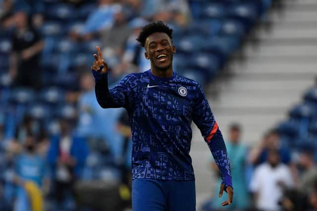 Chelsea's English forward Tammy Abraham laughs during warm ups ahead of the UEFA Champions League final football match between Manchester City and Chelsea at the Dragao stadium in Porto on May 29, 2021.