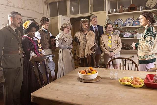 From left, The Captain (Ben Willbond), Kitty (Lolly Adefope), Thomas Thorne (Matthew Baynton), Lady Button (Martha Douglas-Howe), RObin (Laurence Rickard), Julian (Simon Farnaby) and Pat (Jim Howick) with their friend from the world of the living Alison (Charlotte Ritchie) (Picture: BBC/Monumental/Guido Mandozzi)