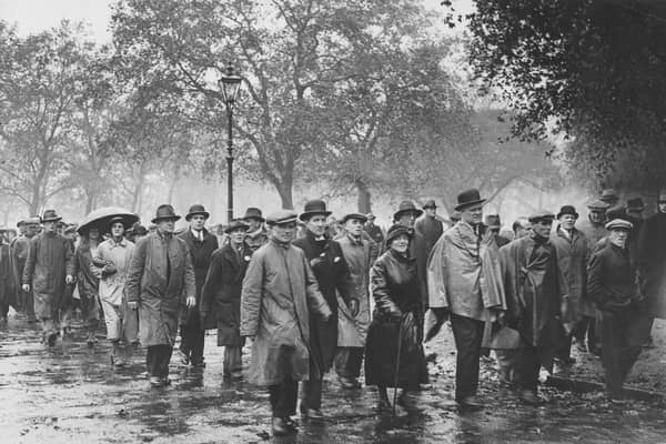 The marchers of the Jarrow Crusade arrive in London on October 31, 1936, and leading them through Hyde Park is their MP, Ellen Wilkinson. Photo by E Dean/Topical Press Agency/Getty Images